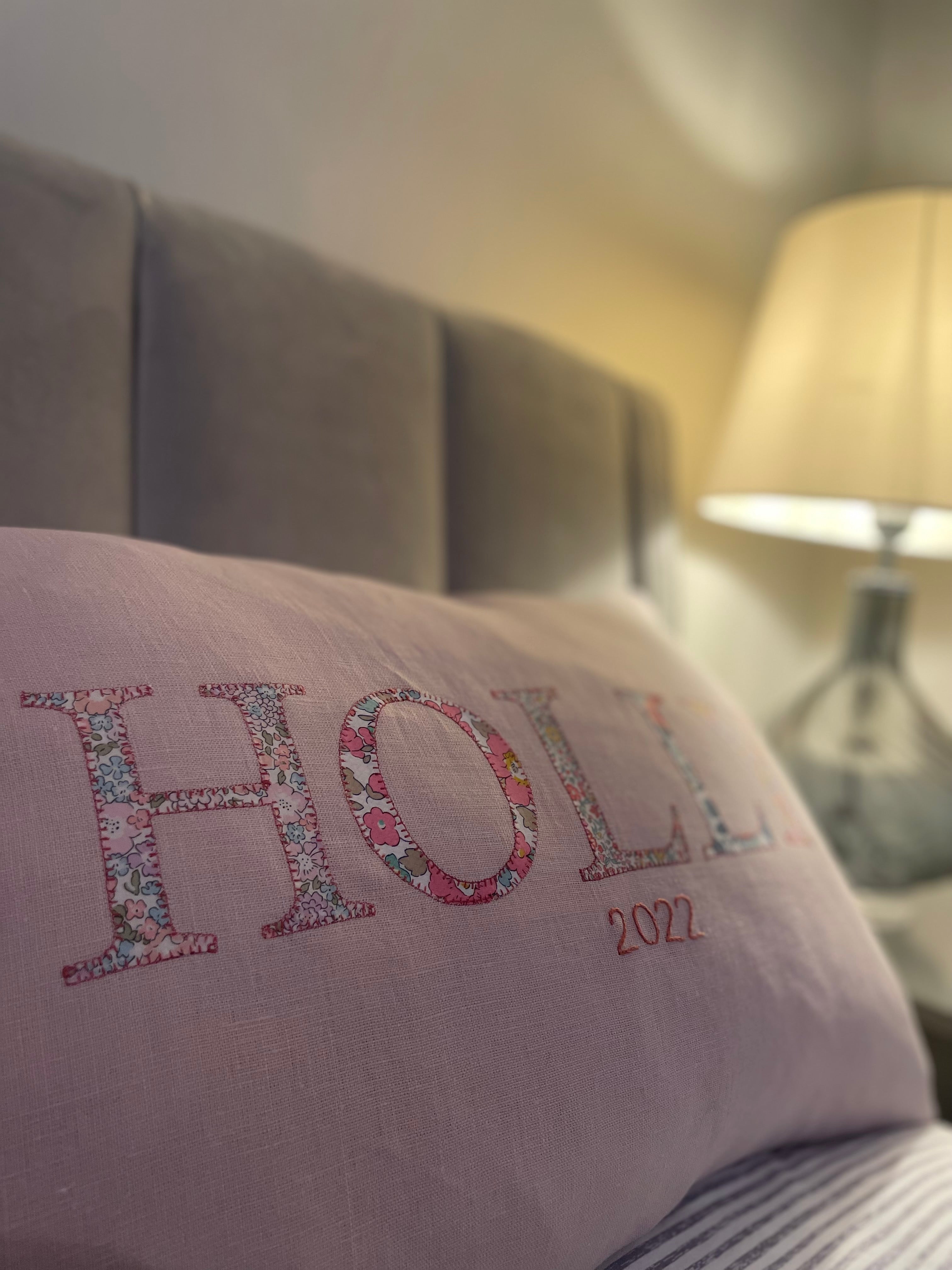 Linen name cushion - blush pink