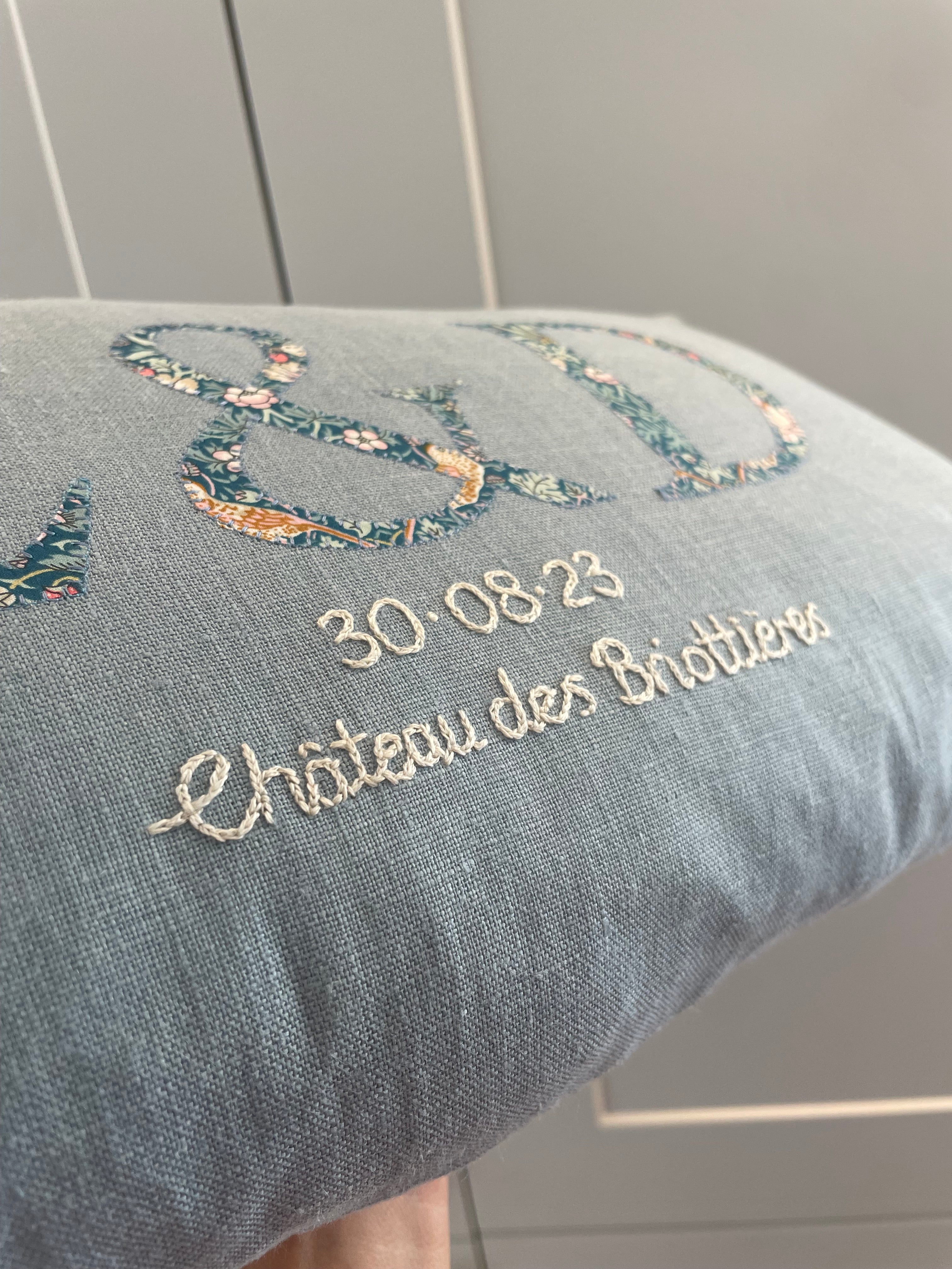 Linen name cushion - Ocean blue