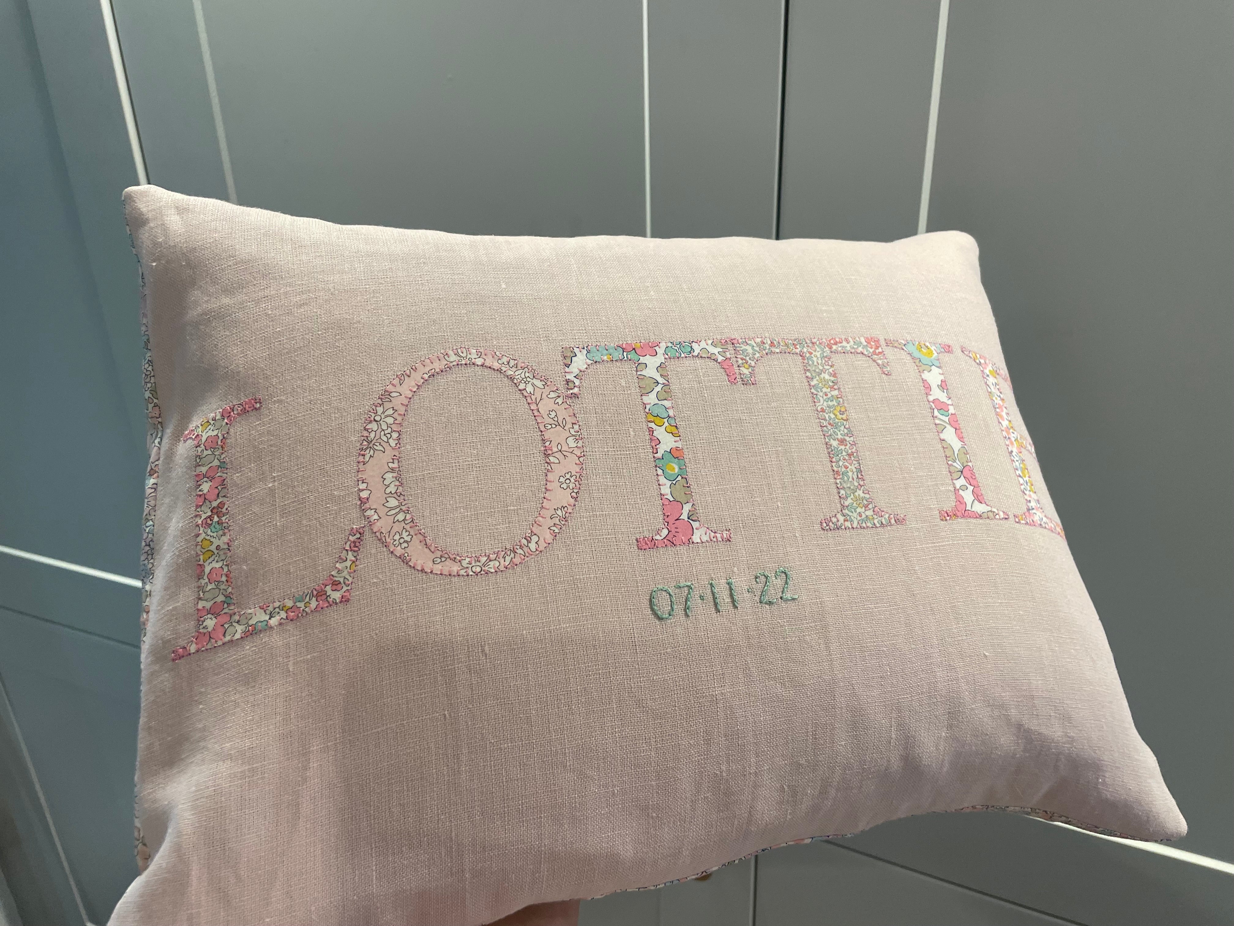 Linen name cushion - blush pink