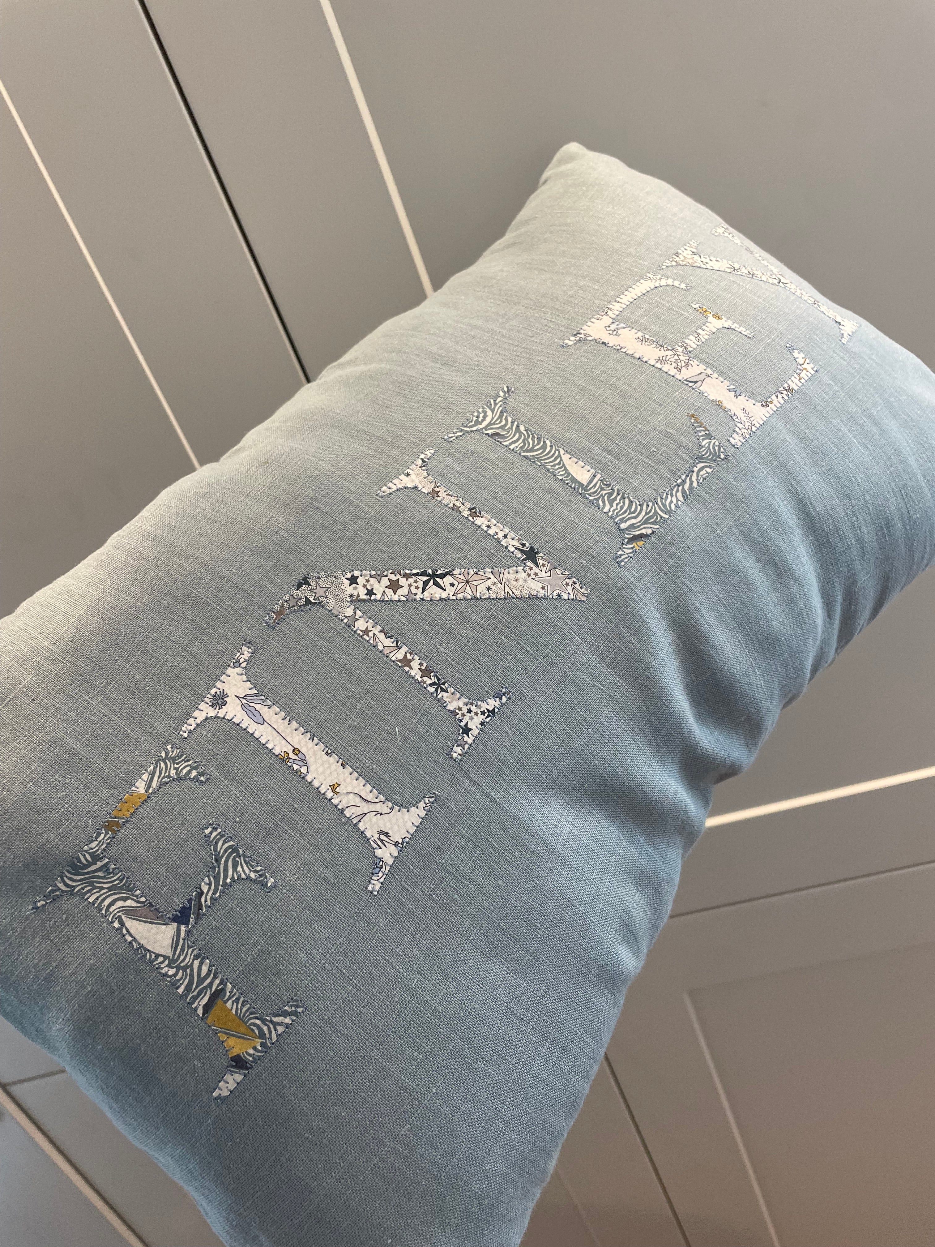 Linen name cushion - Ocean blue