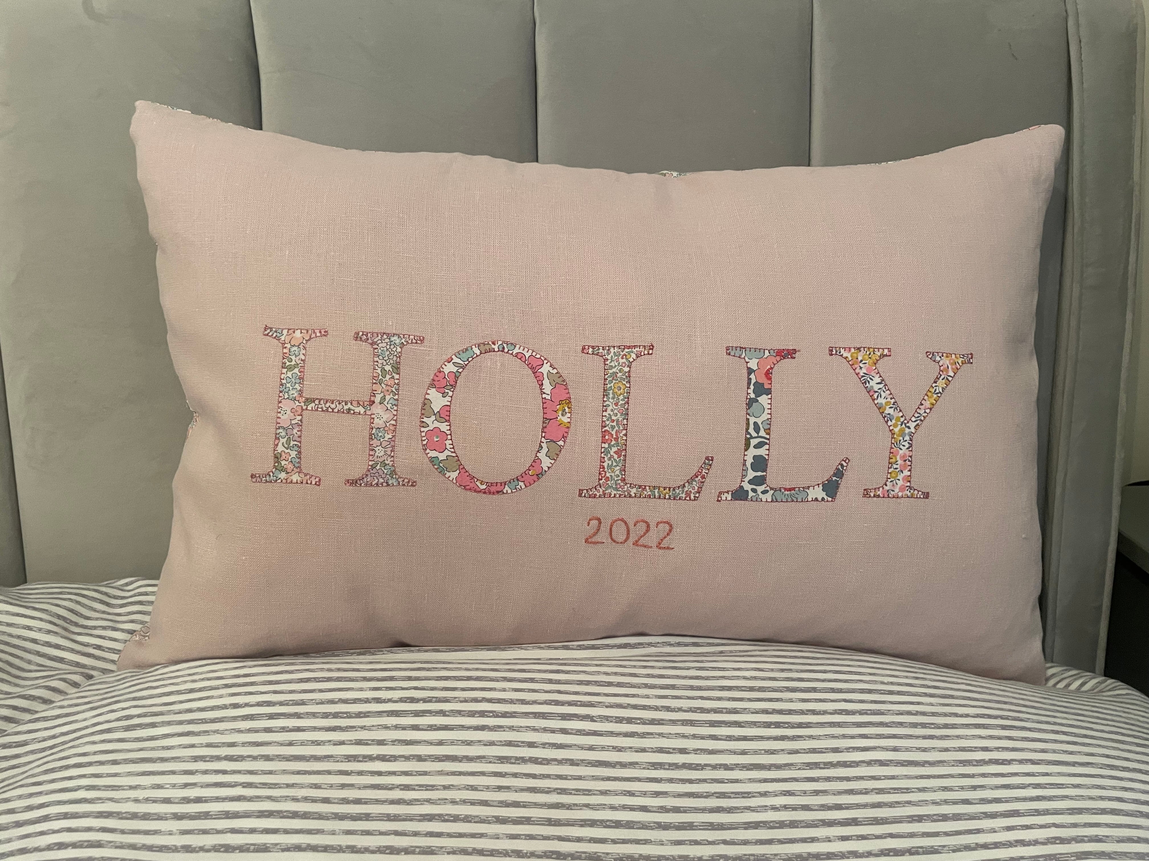 Linen name cushion - blush pink