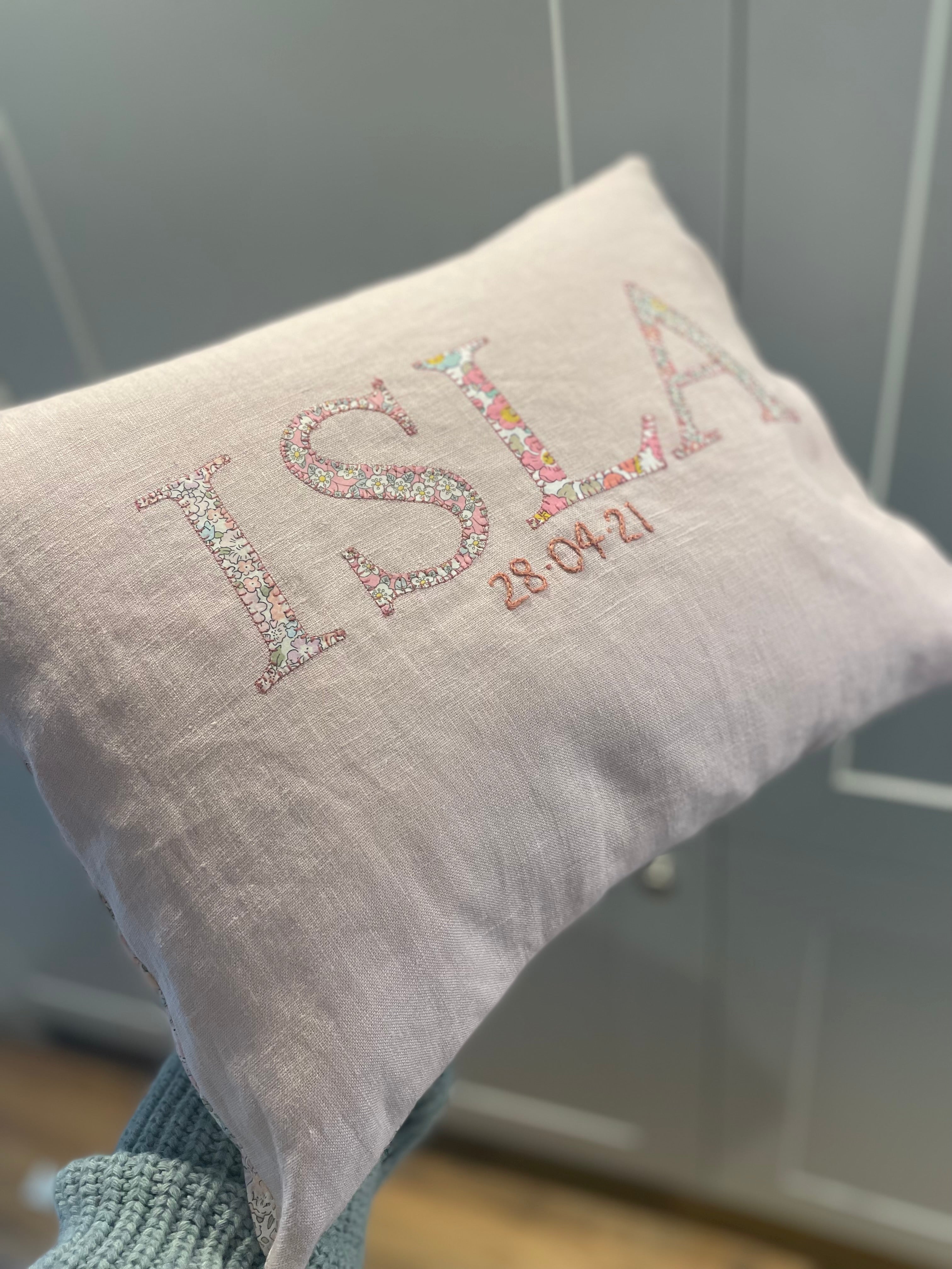 Linen name cushion - blush pink