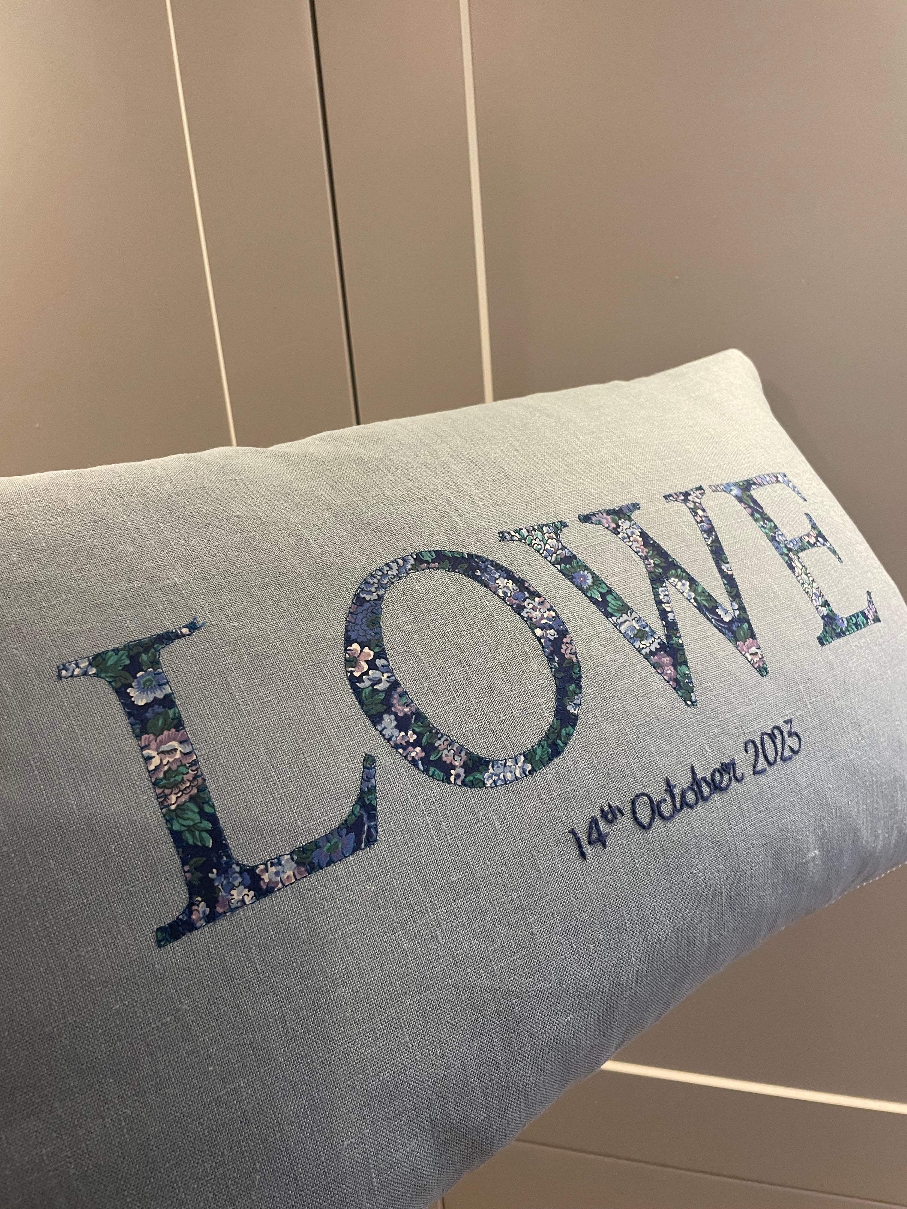 Linen name cushion - Ocean blue