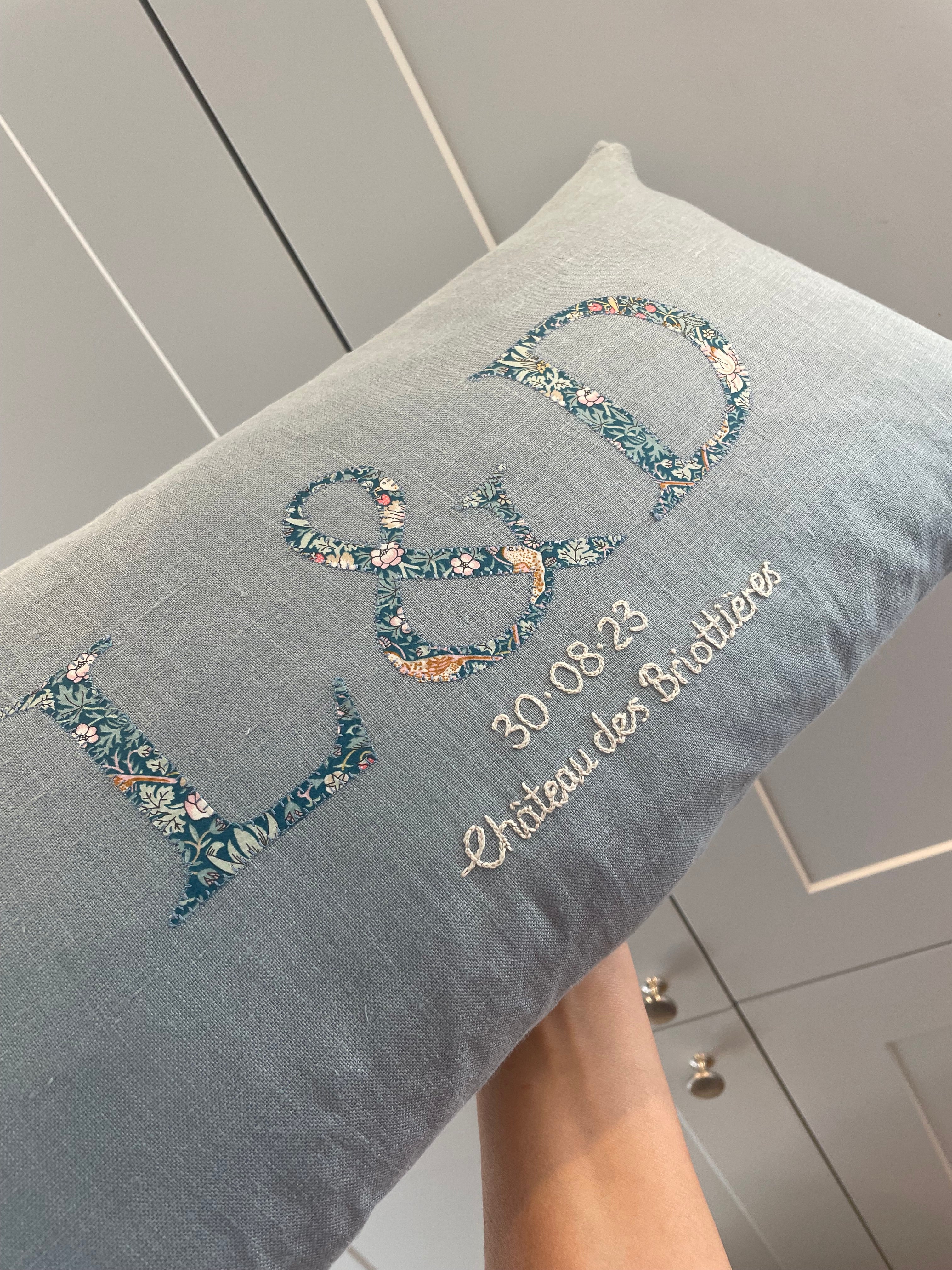 Linen name cushion - Ocean blue