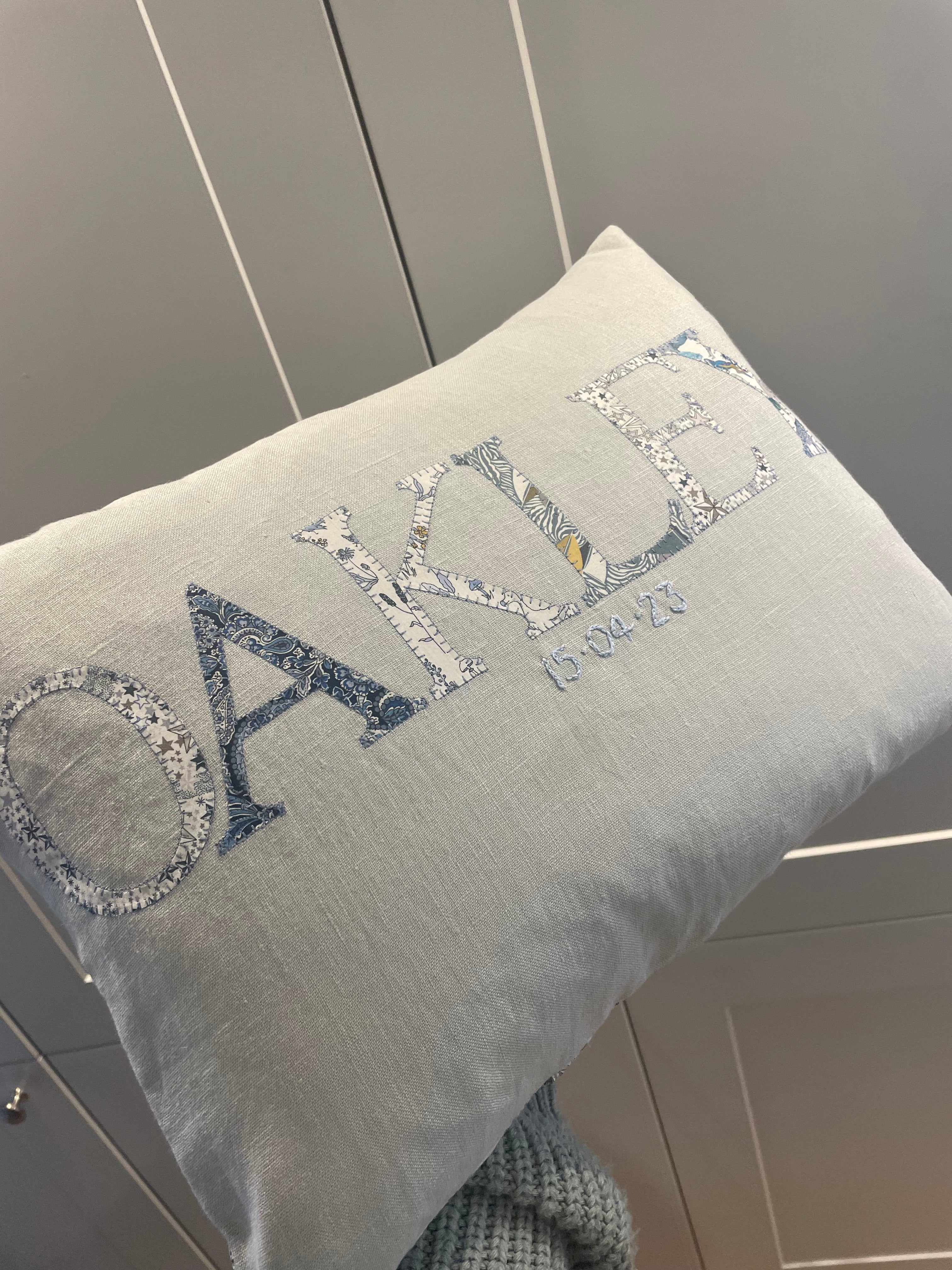 Linen name cushion - cloud grey