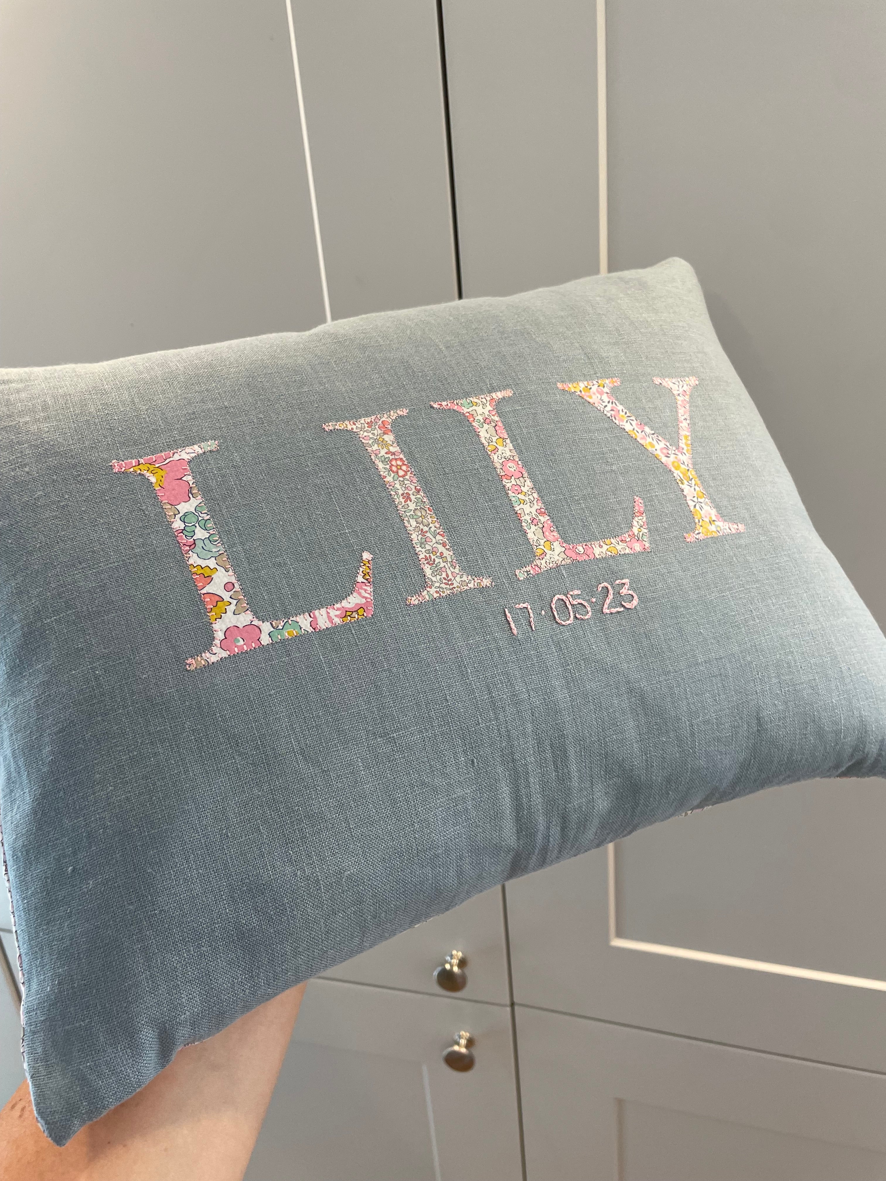 Linen name cushion - Ocean blue