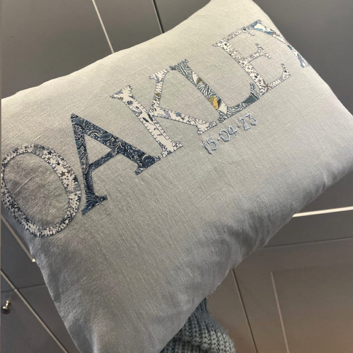 Linen name cushion - cloud grey