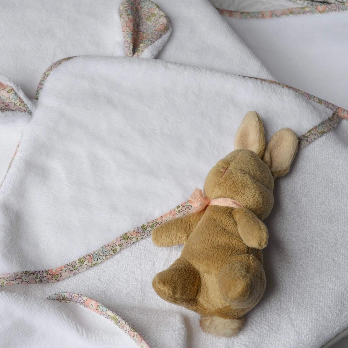 Teddy bear bamboo hooded baby towel made with Liberty fabric